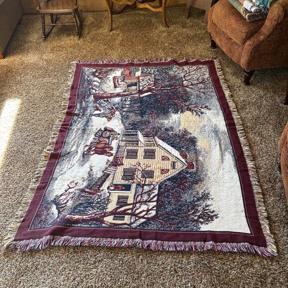 Goodwin Weavers Winter Farm Scene Tapestry Throw Blanket Sleigh Cotton Woven USA - Picture 7 of 7